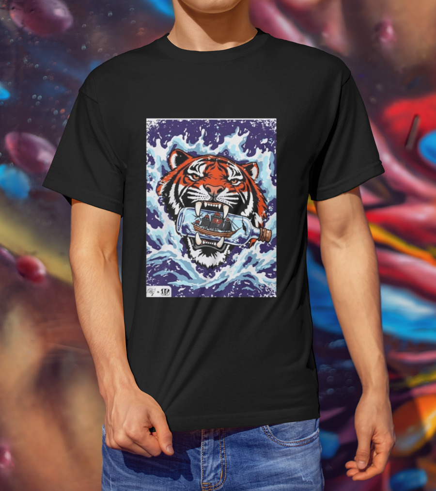 Bengals Vs Buccaneers Tiger And Pirate Ship Battle In A Bottle T-Shirt