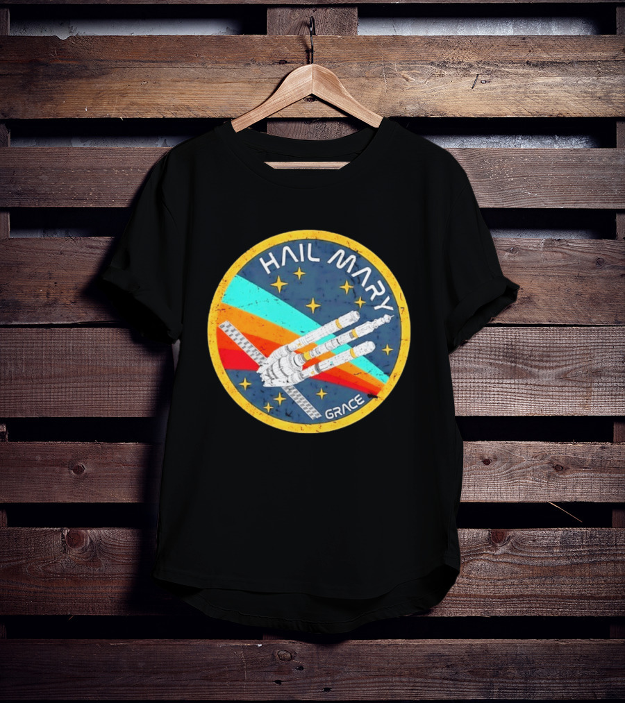 Hail Mary Grace Project Space Mission Emblem Retro Rocket T-Shirt