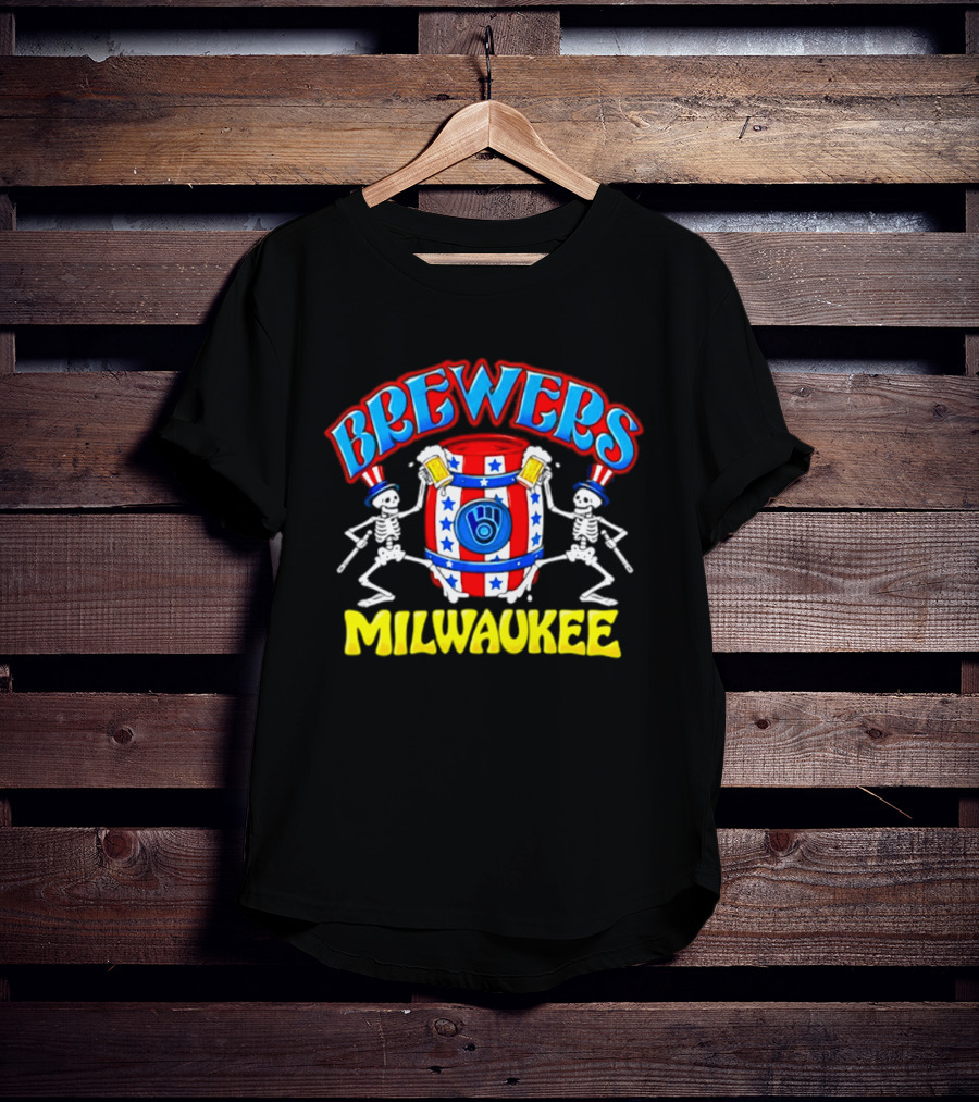 Brewers Milwaukee Skeleton Patriotic Barrel T-Shirt
