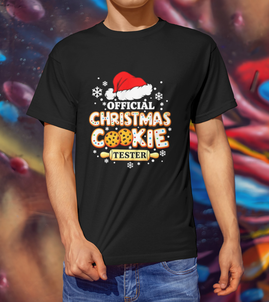 Official Christmas Cookie Tester Santa Hat Snowflakes T-Shirt