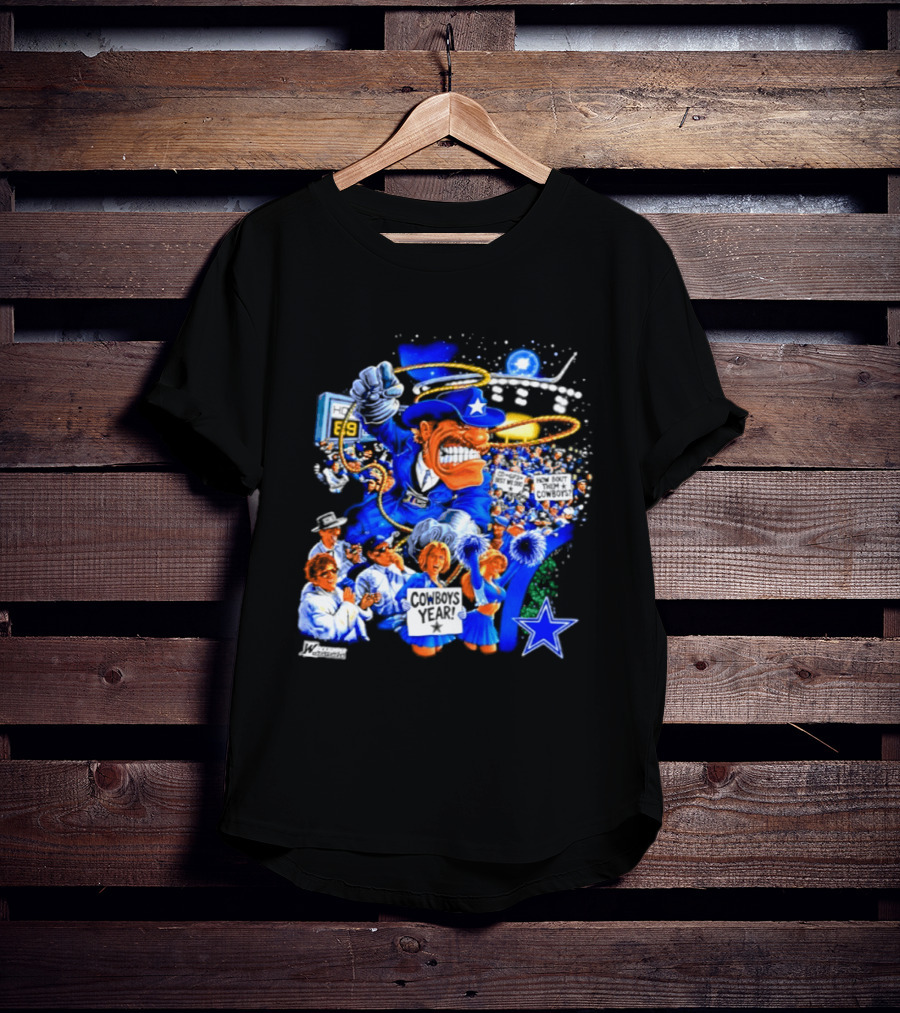 Dallas Cowboys Rowdy Mascot With Star And Cheerleaders Retro Cartoon T-Shirt