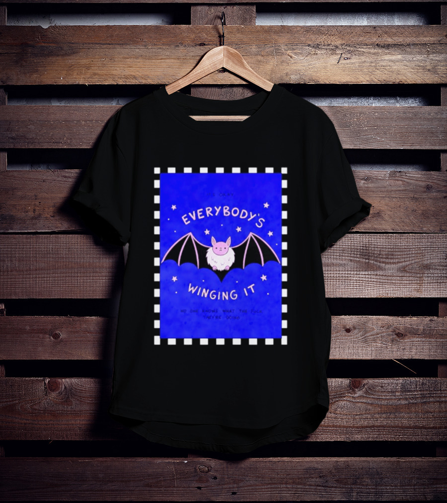 It's Okay Everybody's Winging It No One Knows What They're Doing Pink Bat With Stars T-Shirt