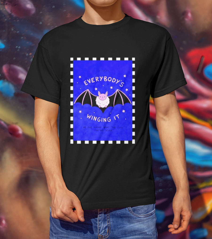 It's Okay Everybody's Winging It No One Knows What They're Doing Pink Bat With Stars T-Shirt