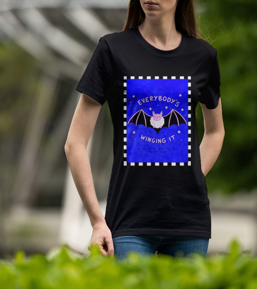 It's Okay Everybody's Winging It No One Knows What They're Doing Pink Bat With Stars T-Shirt