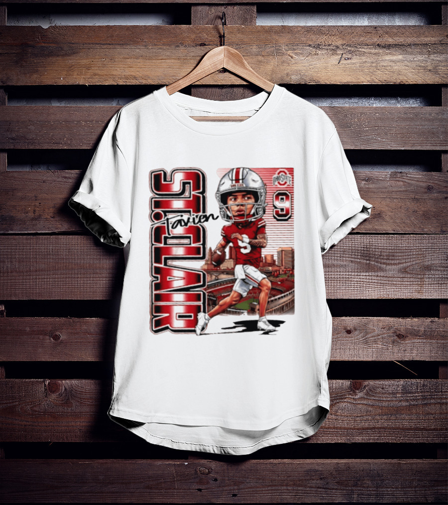 Tavien St. Clair 9 Ohio State Buckeyes Player Caricature With Ohio Stadium T-Shirt