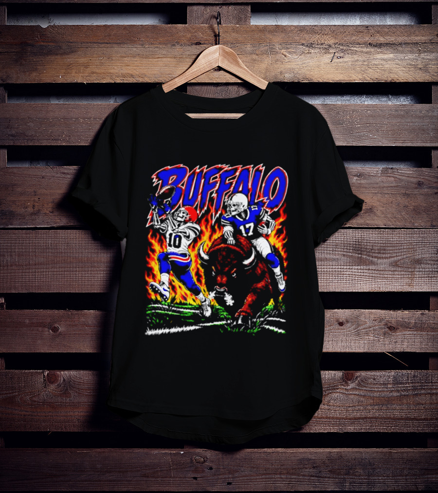 Buffalo Bills Flaming Skeleton Football Players Number 10 And 17 T-Shirt