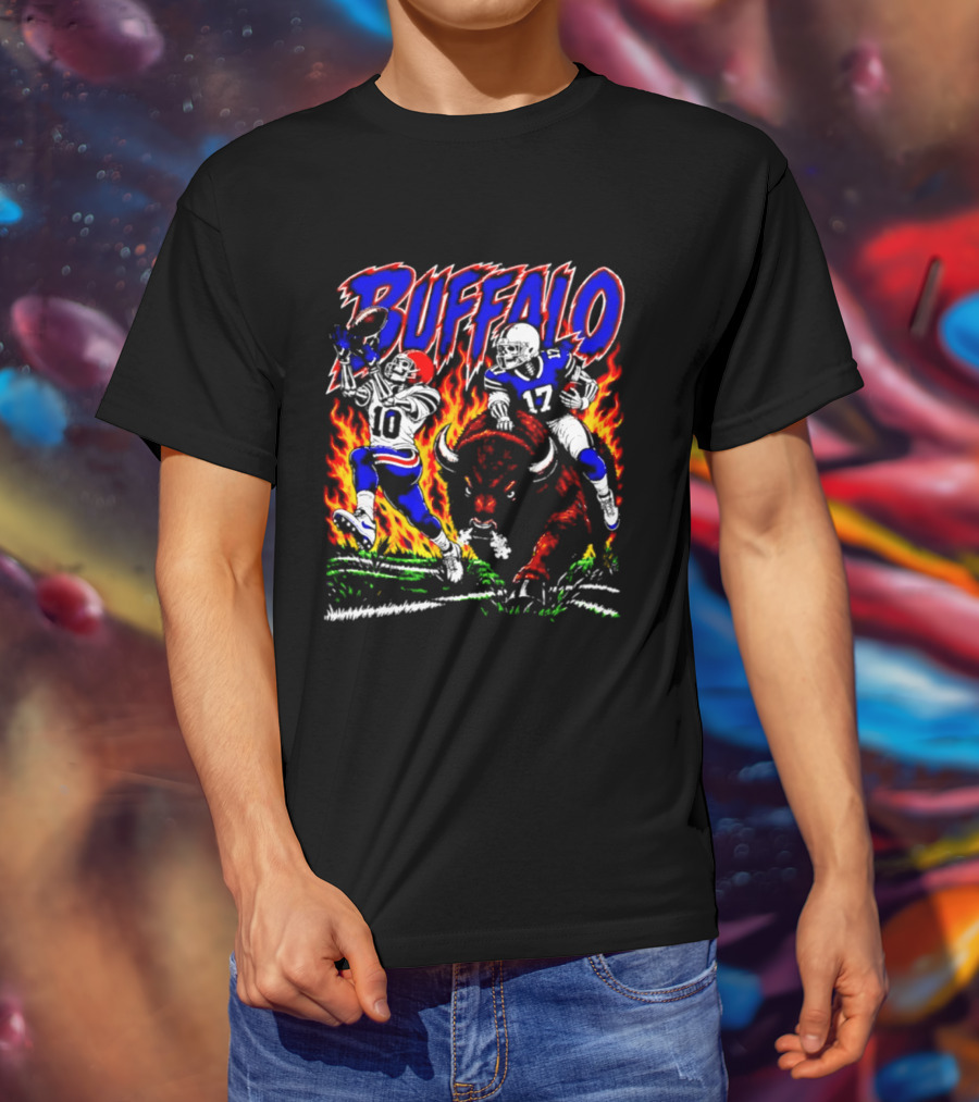 Buffalo Bills Flaming Skeleton Football Players Number 10 And 17 T-Shirt