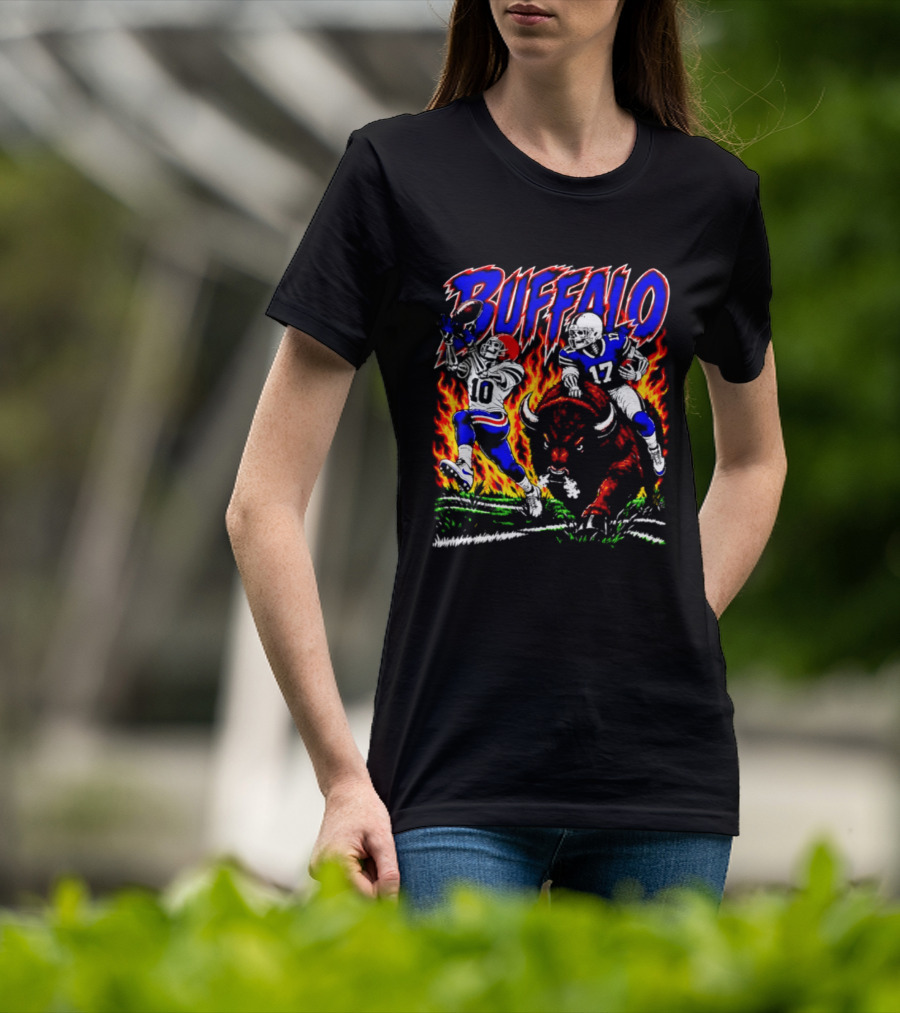 Buffalo Bills Flaming Skeleton Football Players Number 10 And 17 T-Shirt