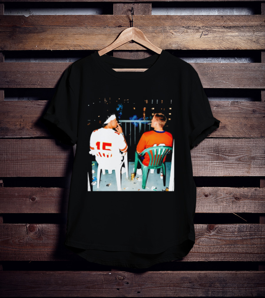 Patrick Mahomes Kansas City Chiefs And Bo Nix Denver Broncos Smoking Behind Skyline T-Shirt
