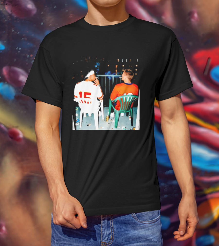 Patrick Mahomes Kansas City Chiefs And Bo Nix Denver Broncos Smoking Behind Skyline T-Shirt