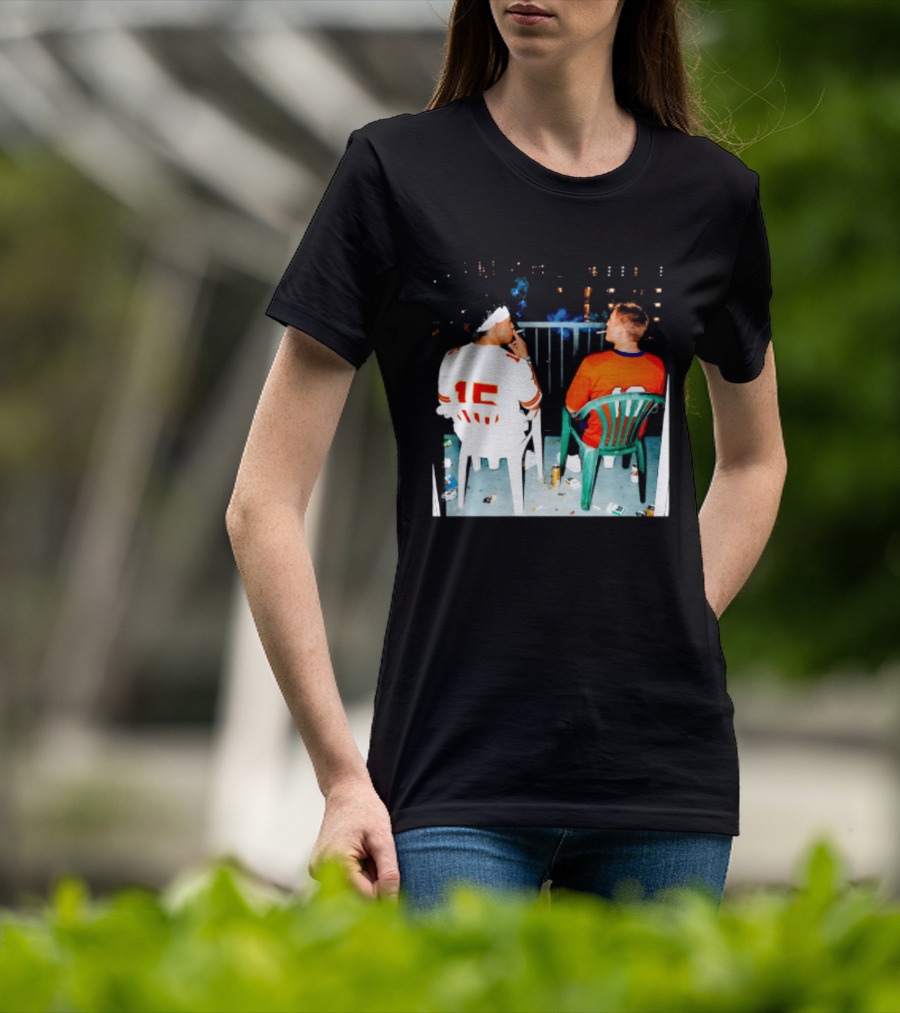 Patrick Mahomes Kansas City Chiefs And Bo Nix Denver Broncos Smoking Behind Skyline T-Shirt