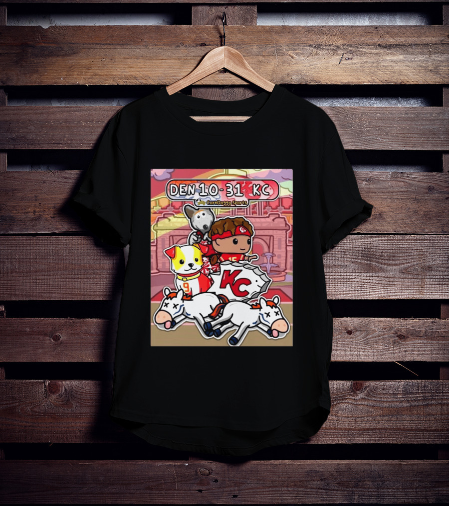 CornDoggy Sports DEN 10 31 KC Denver Broncos Vs Kansas City Chiefs Cartoon Characters And Dogs With Football T-Shirt