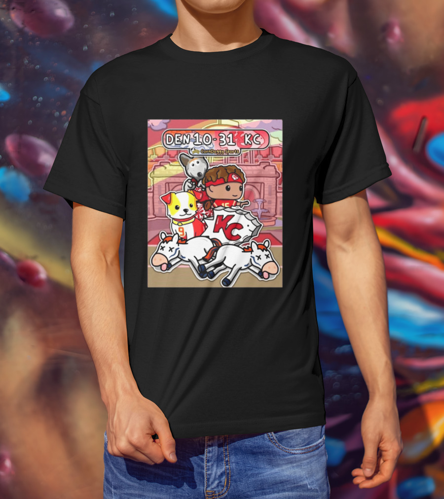 CornDoggy Sports DEN 10 31 KC Denver Broncos Vs Kansas City Chiefs Cartoon Characters And Dogs With Football T-Shirt