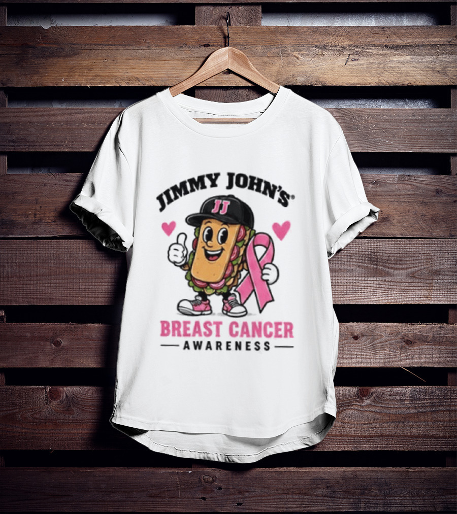 Jimmy John's Pink Ribbon Breast Cancer Awareness Sandwich JJ Hat Hearts T-Shirt