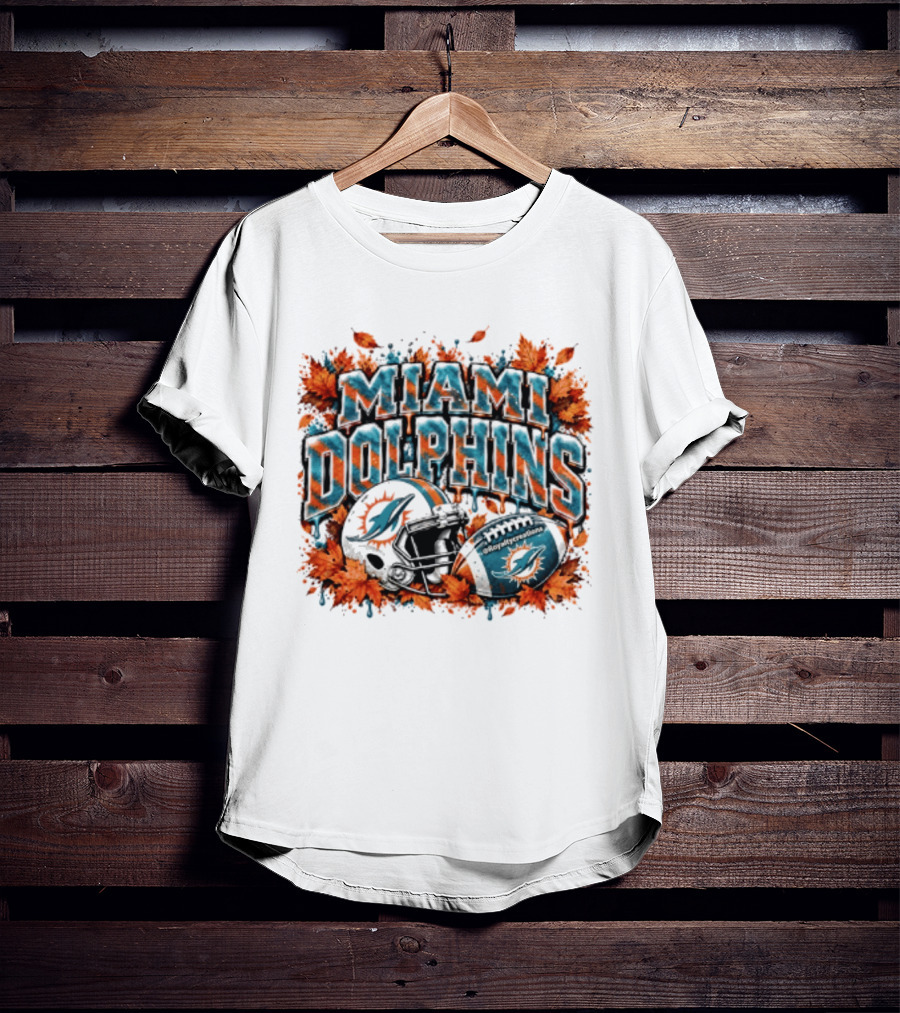 Miami Dolphins Football Helmet Autumn Leaves Halloween 2026 T-Shirt