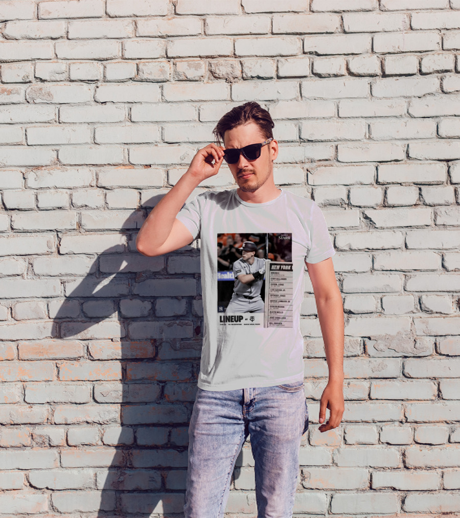 New York Yankees Starr Lineup At Minnesota Twins Aaron Judge Ben Rice Cody Bellinger Spencer Jones T-Shirt
