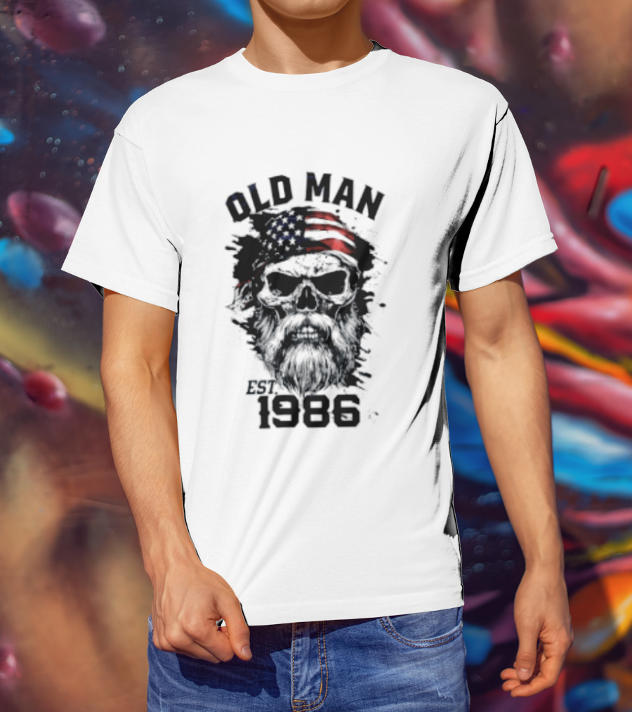 Old Man Est 1986 Skull American Flag Bandana T-Shirt