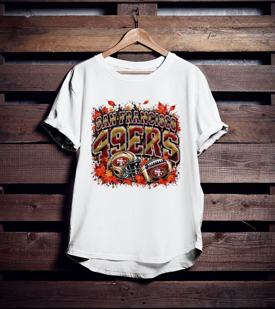 San Francisco 49ers Helmet And Football Autumn Leaves 2026 T-Shirt