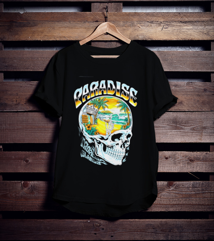 Paradise Tropical Island Skull Surf Shop Beach Scene T-Shirt