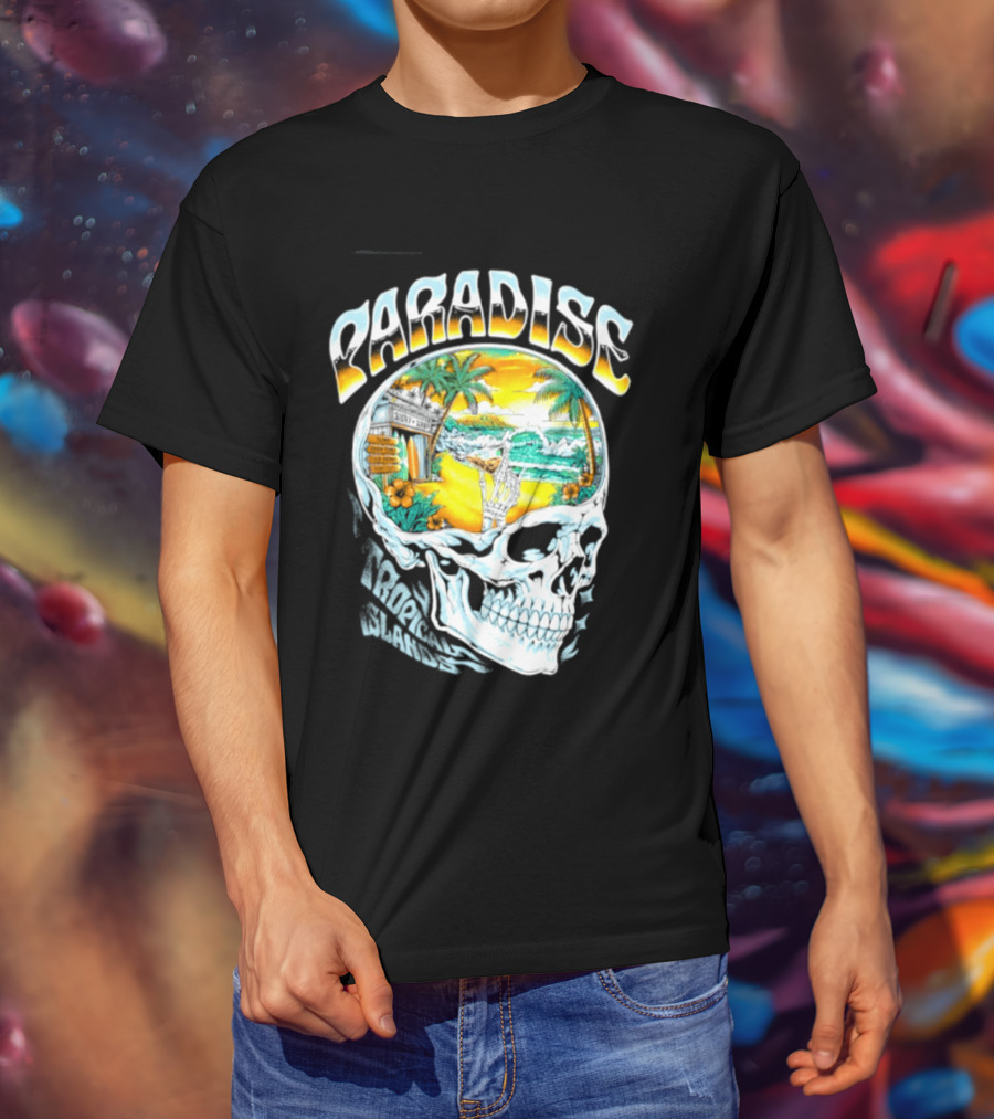 Paradise Tropical Island Skull Surf Shop Beach Scene T-Shirt