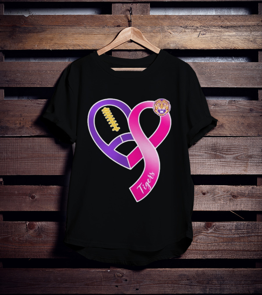 LSU Tigers Breast Cancer Awareness 2026 Heart Ribbon Football T-Shirt