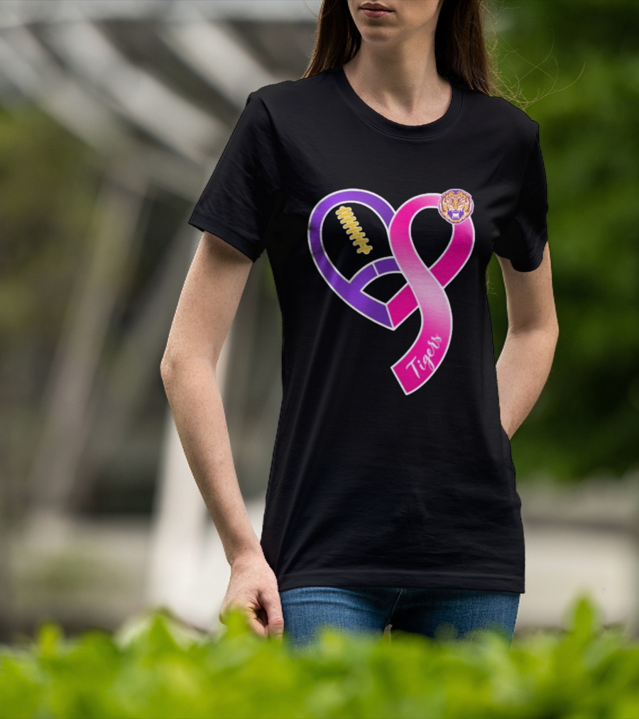 LSU Tigers Breast Cancer Awareness 2026 Heart Ribbon Football T-Shirt