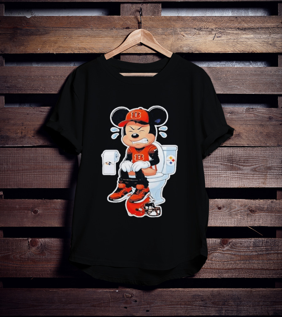 Mickey Cincinnati Bengals Mascot On Toilet Rival Baltimore Ravens Steelers Football Helmet T-Shirt