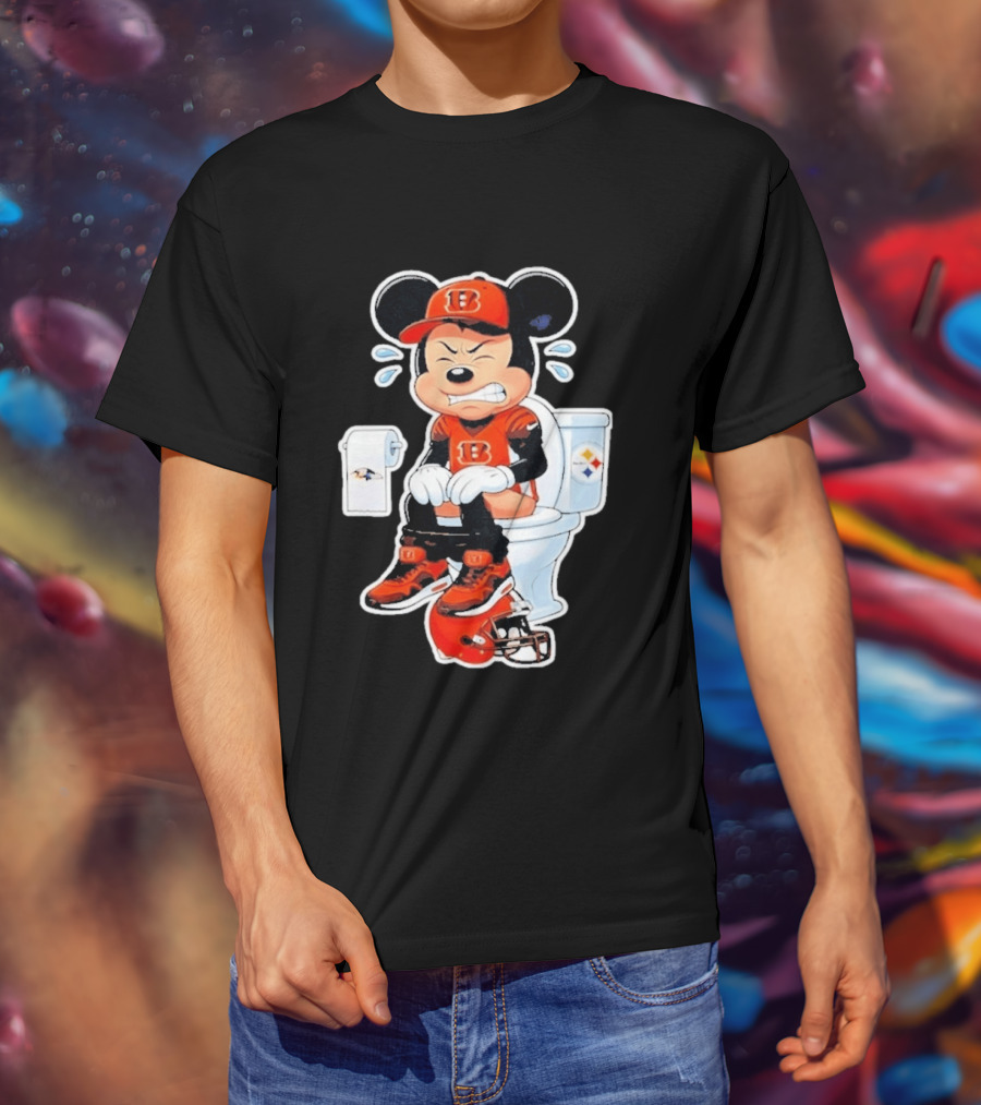 Mickey Cincinnati Bengals Mascot On Toilet Rival Baltimore Ravens Steelers Football Helmet T-Shirt