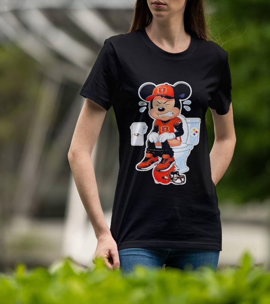 Mickey Cincinnati Bengals Mascot On Toilet Rival Baltimore Ravens Steelers Football Helmet T-Shirt