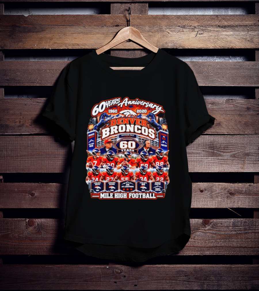 Denver Broncos 60 Years Anniversary 1960 2020 Mile High Football Champions Iconic Moments T-Shirt