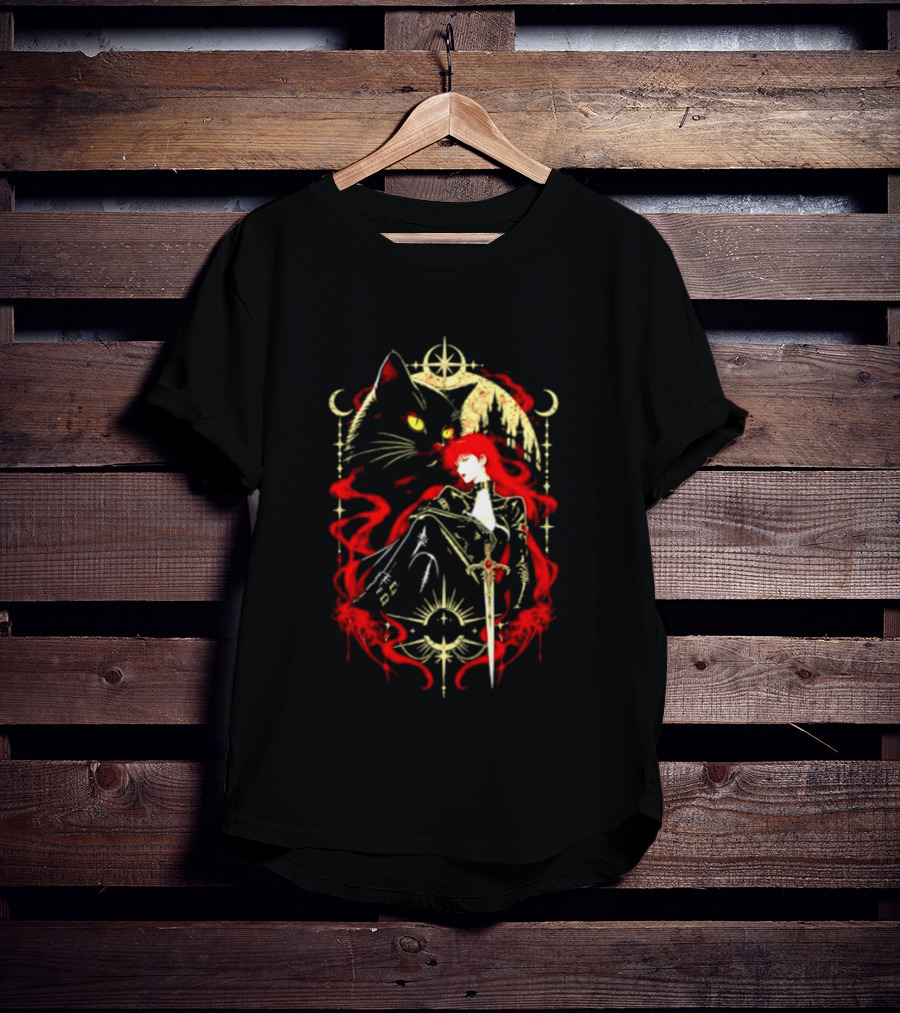 Gothic Red Haired Woman Black Cat Sword Magical T-Shirt