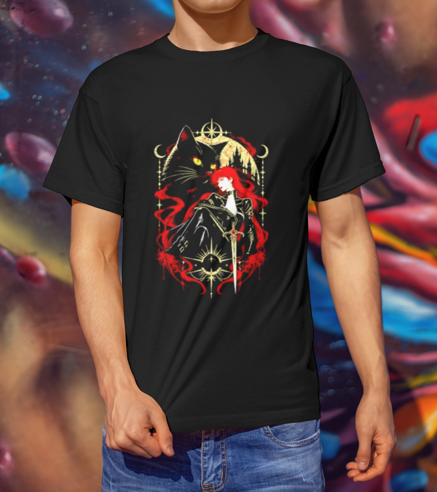 Gothic Red Haired Woman Black Cat Sword Magical T-Shirt