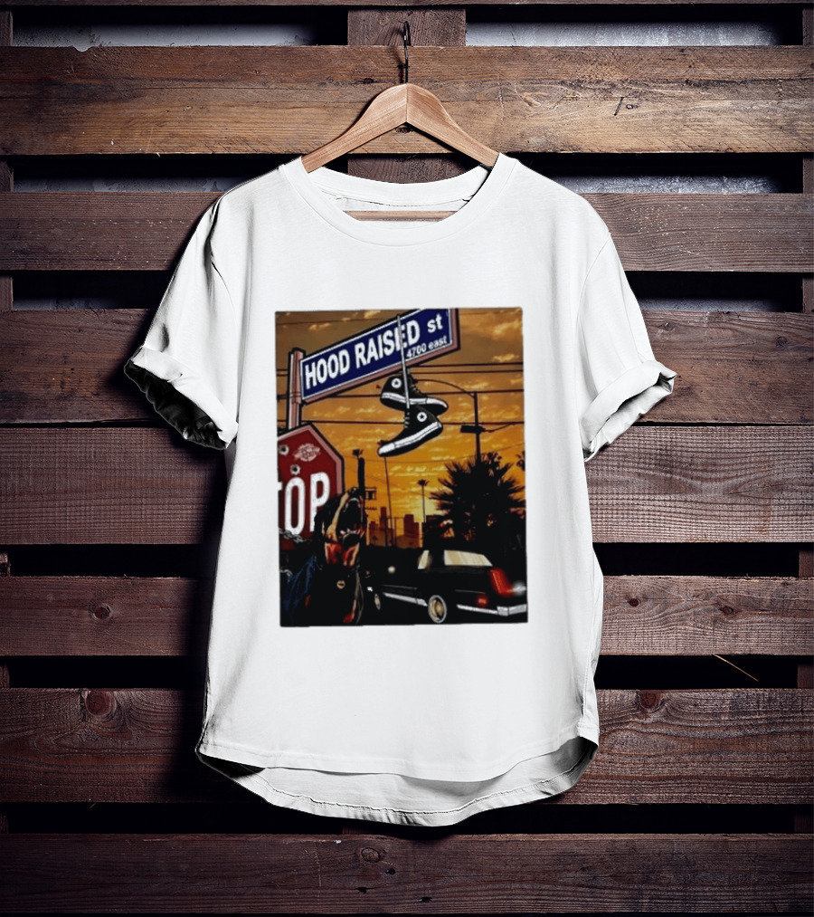 Hood Raised Street 4700 East Rottweiler Lowrider Sneakers And Sunset Urban Scene T-Shirt