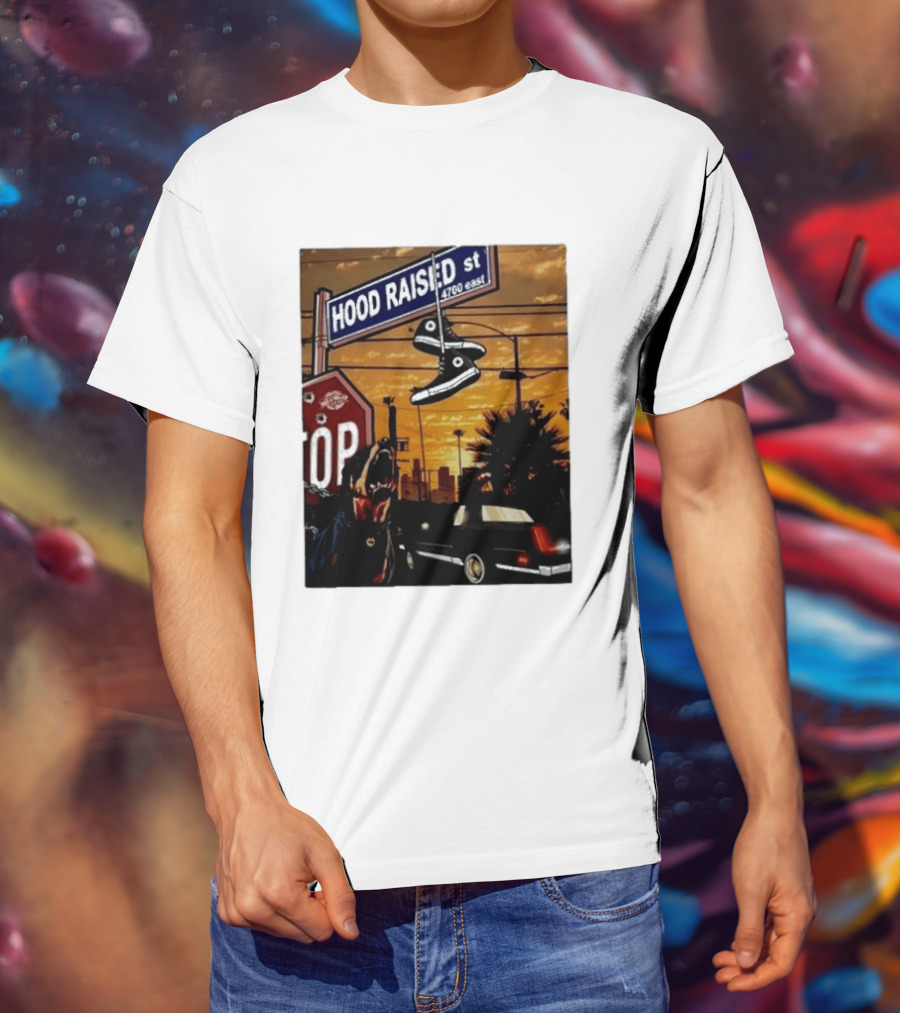 Hood Raised Street 4700 East Rottweiler Lowrider Sneakers And Sunset Urban Scene T-Shirt