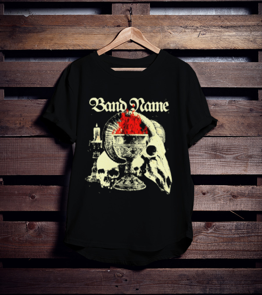 Band Name Skull Chalice Candle Flames Heavy Metal T-Shirt