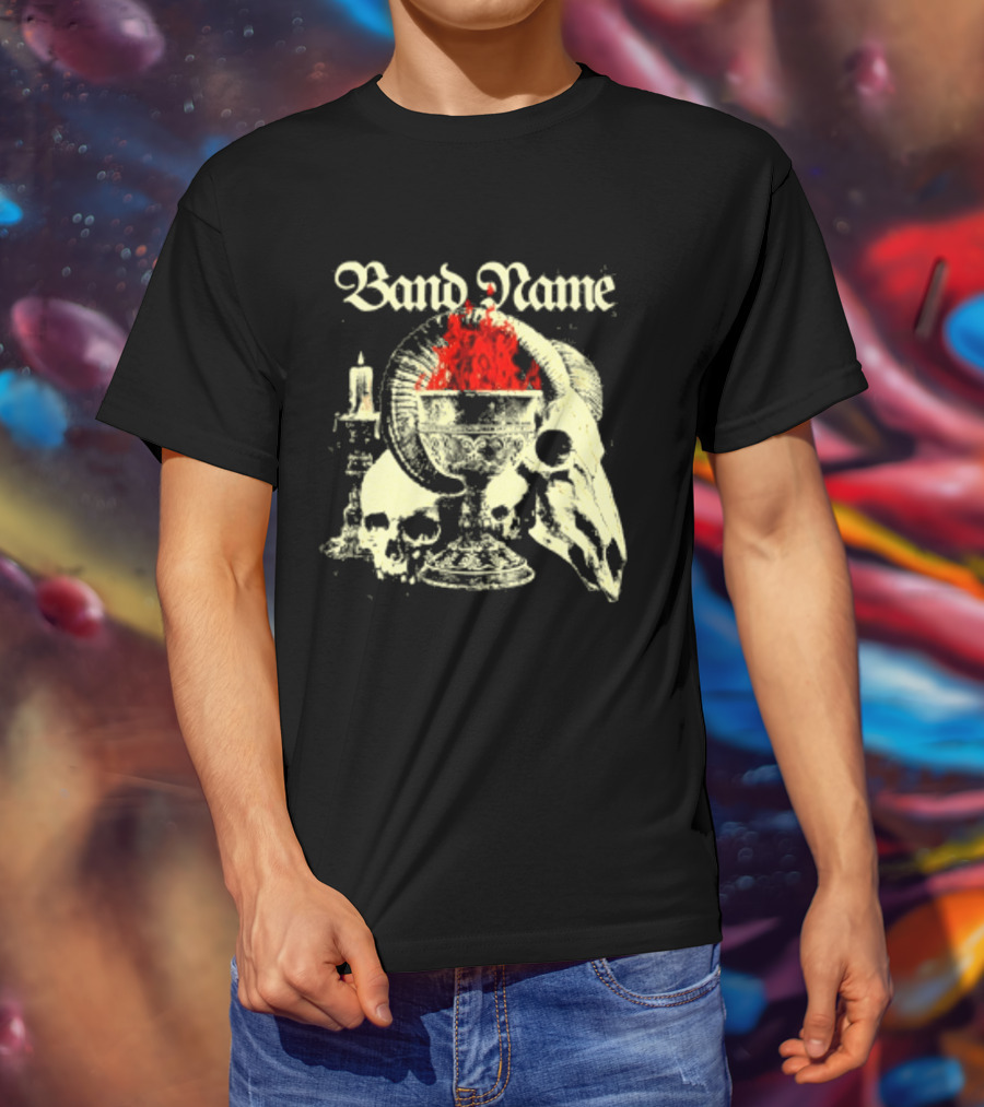 Band Name Skull Chalice Candle Flames Heavy Metal T-Shirt