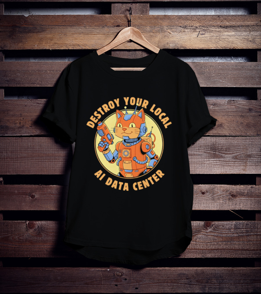 Destroy Your Local AI Data Center Robot Cat Retro Futuristic T-Shirt