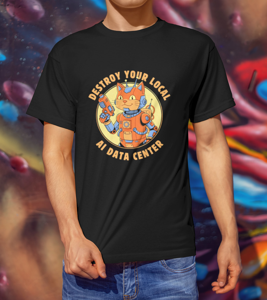 Destroy Your Local AI Data Center Robot Cat Retro Futuristic T-Shirt