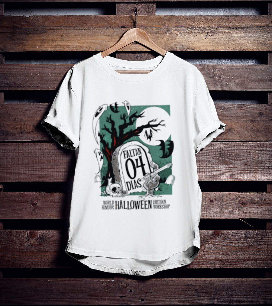 Faltan 04 Dias World Famous Halloween Cartoon Workshop Spooky Tree And Bats T-Shirt