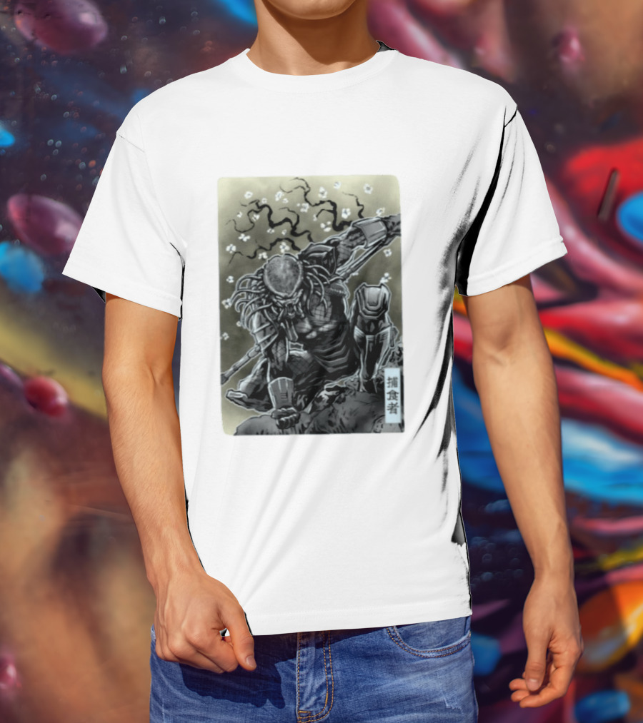 Yautja Samurai Mashup With Cherry Blossoms T-Shirt