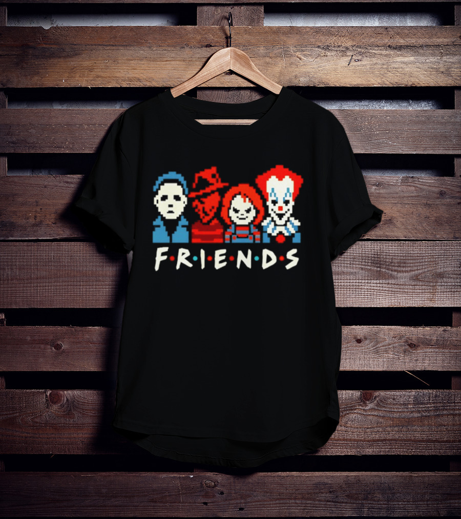 Friends Horror Movie Characters Pixel Art Michael Freddy Chucky Pennywise T-Shirt
