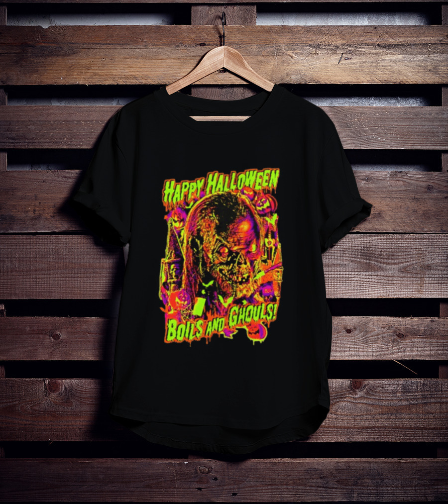 Happy Halloween Boils And Ghouls Horror Zombie Pumpkins Candles Spooky Scene T-Shirt