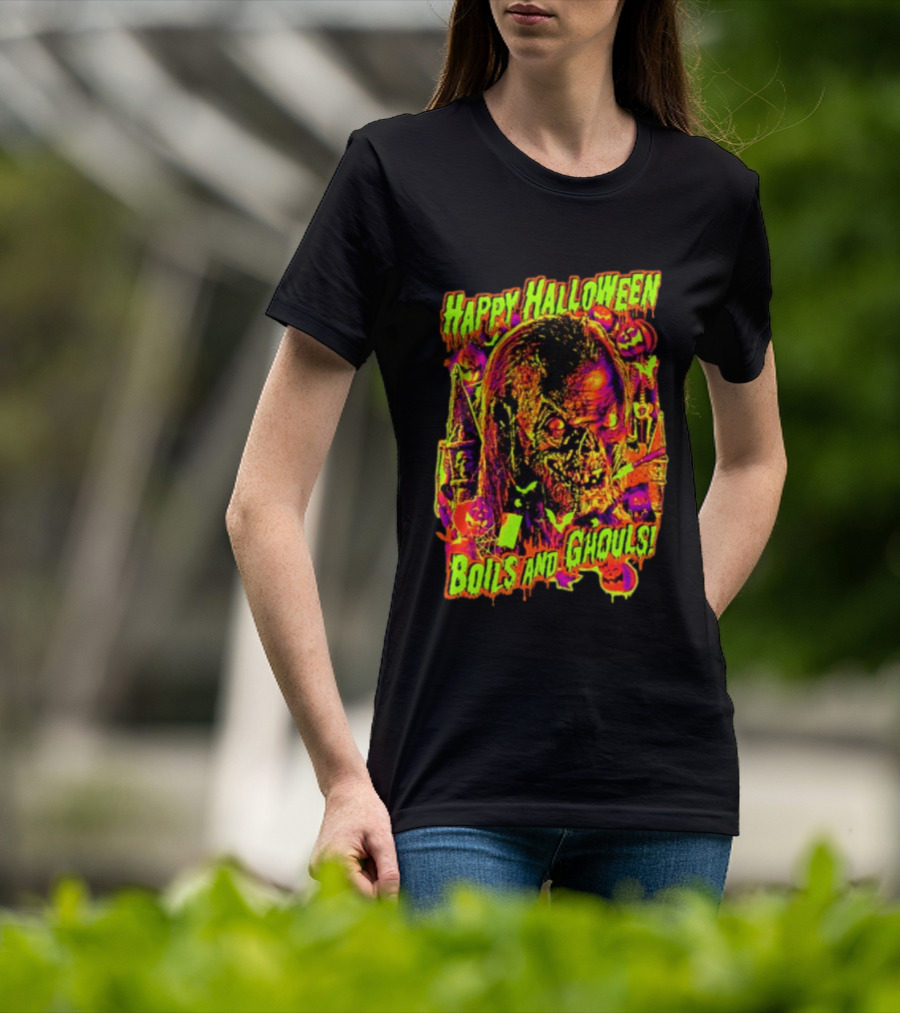 Happy Halloween Boils And Ghouls Horror Zombie Pumpkins Candles Spooky Scene T-Shirt