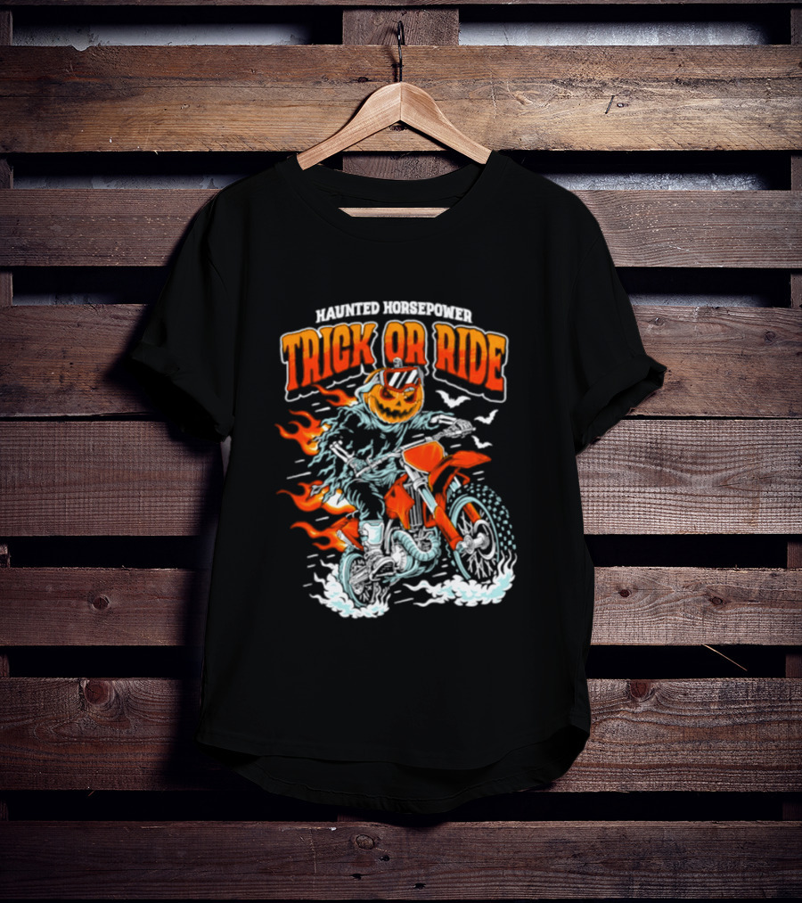 Haunted Horsepower Trick Or Ride Halloween Pumpkin Motorcycle Flames T-Shirt