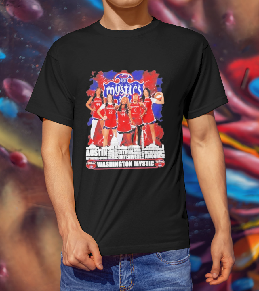 Washington Mystics Roster WNBA Basketball Skyline Austin Littlepage Buggs Poole Citron Onyenwere Amihere Olsen McMahon Amooore T-Shirt