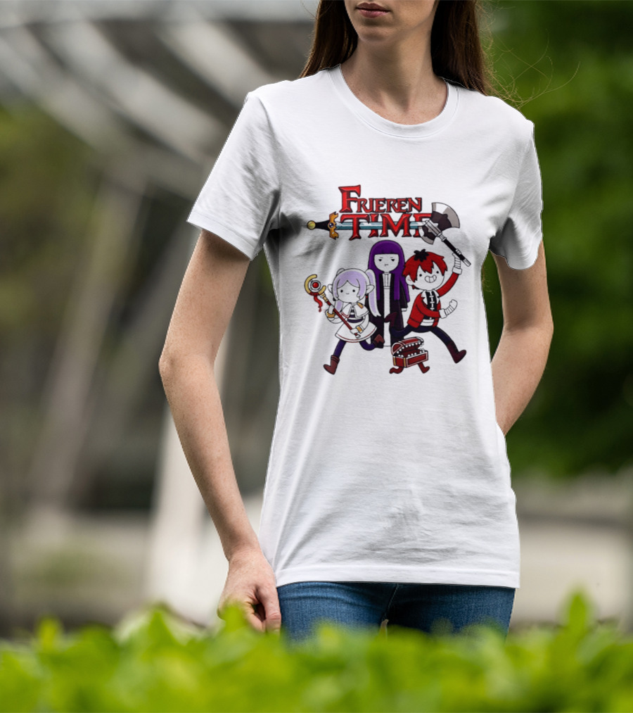 Frieren Time Adventure Time Anime Crossover Characters With Weapons And Staff T-Shirt
