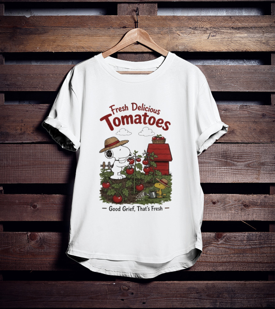 Snoopy Fresh Delicious Tomatoes Good Grief That's Fresh Garden Scene T-Shirt