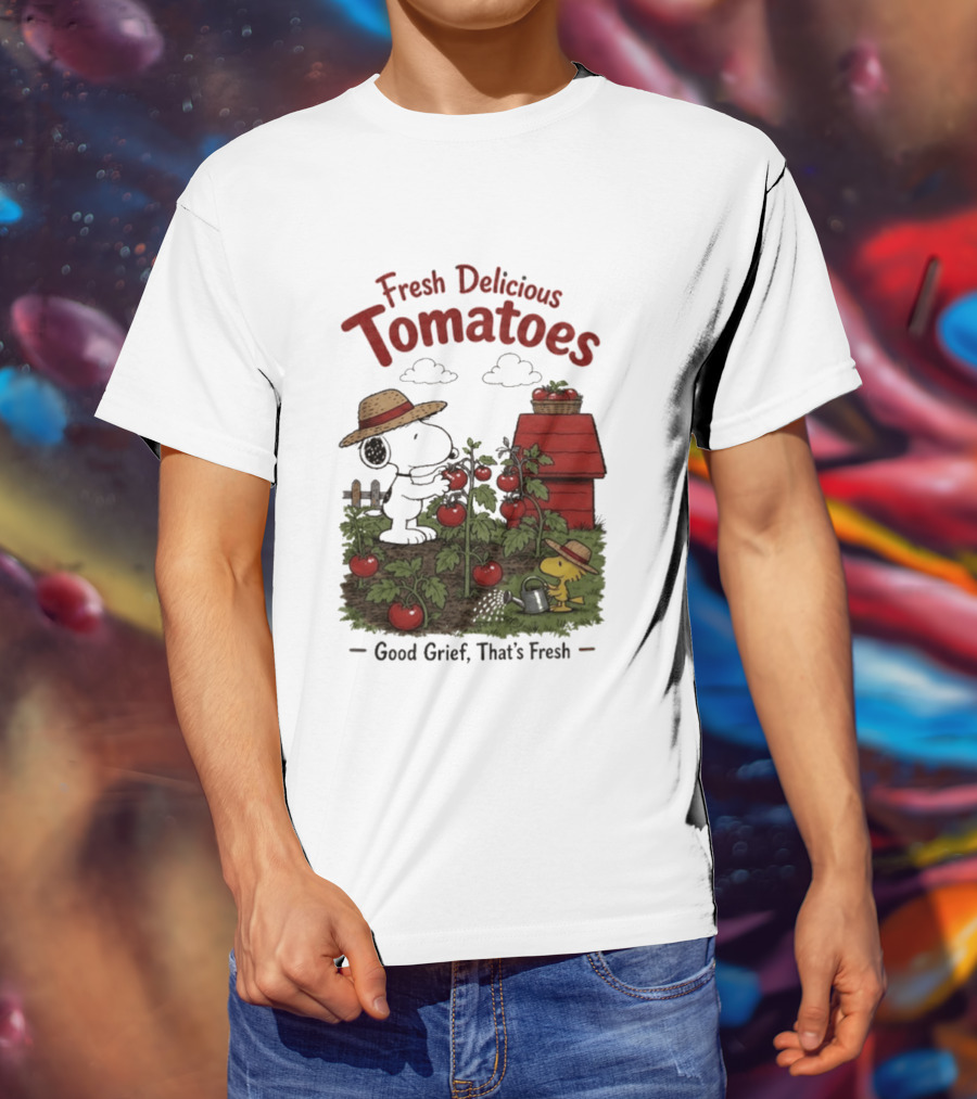 Snoopy Fresh Delicious Tomatoes Good Grief That's Fresh Garden Scene T-Shirt
