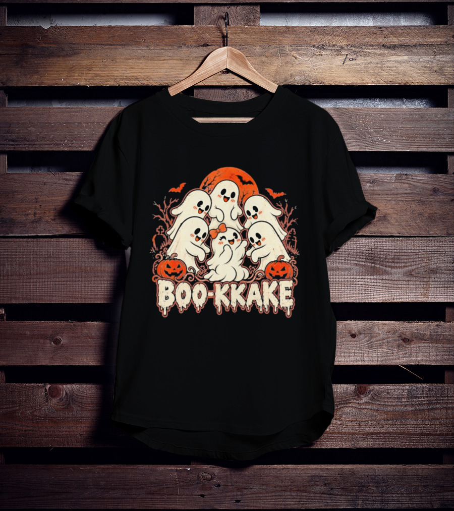 Boo Kkake Japanese Halloween Ghosts Pumpkins Bats Orange Moon T-Shirt