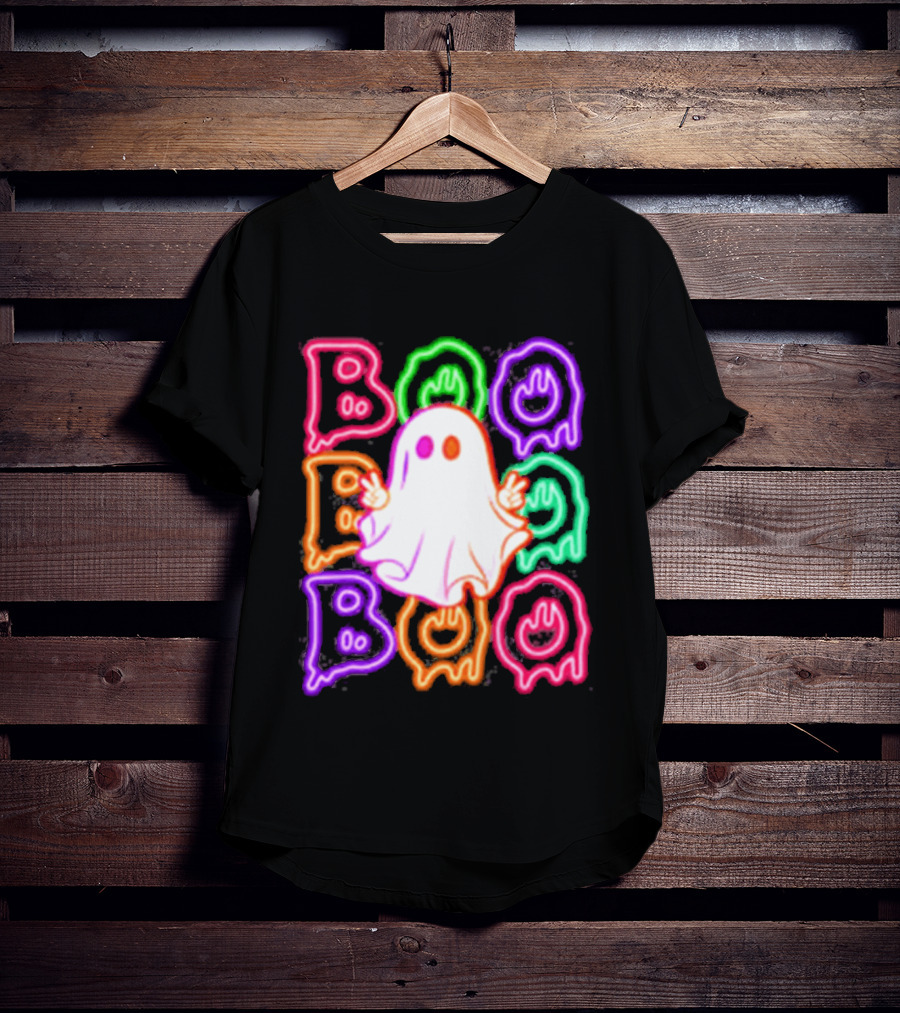 Ghost Boo Neon Halloween Spooky Bright T-Shirt
